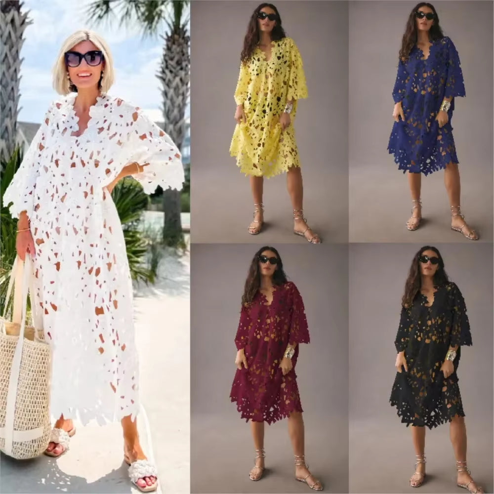 Sexy Lace Hollow Out V-Neck Beach Dress